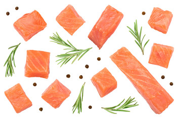 Slice of red fish salmon with rosemary isolated on white background. Top view. Flat lay