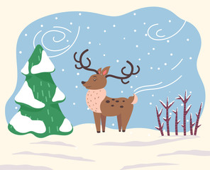 Obraz na płótnie Canvas Cartoon character, deer stand on snowy ground in wood. North reindeer with large antlers and brown fur coat. Animal dressed in scarf because of windy and cold weather in winter. Vector illustration