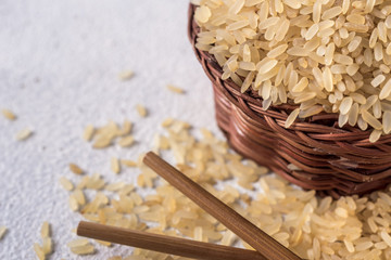 useful Long-grain steamed white rice. Rice texture. healthy diet diet