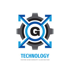 Technology concept logo design Letter G creative symbol. Gear & arrows signs. Vector illustration. 