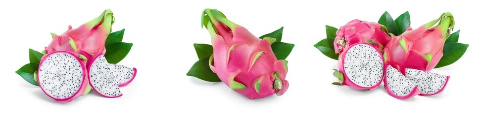Ripe Dragon fruit, Pitaya or Pitahaya isolated on white background, fruit healthy concept. Set or...