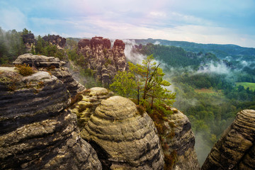 View from viewpoint of Bastei, National park Saxon Switzerland, Germany.