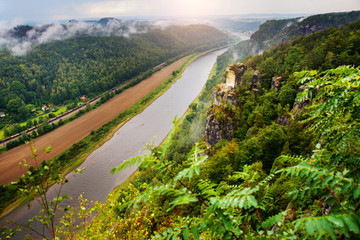 View over the Elbtal and the Elbe from the Bastei in the Saxon Switzerland, Germany