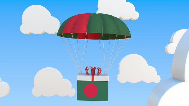 Box with national flag of Bangladesh falls with a parachute. Loopable conceptual 3D animation