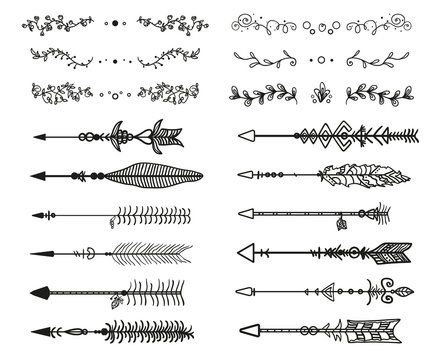 Black ornate dividers and arrows on white. Hand drawn ornate elements with abstract patterns on isolation background. Black and white illustration