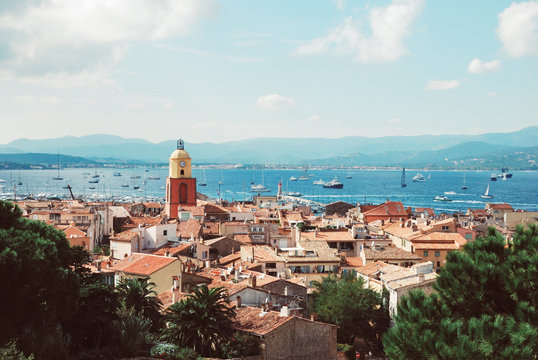 Vintage picture of the village of Saint-Tropez with its famous bell tower