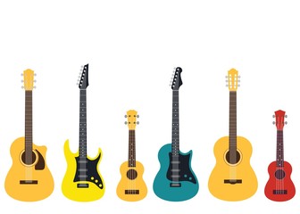 Fototapeta premium Guitar set. electric guitar, Acoustic guitar, and ukulele isolated on white background. Cute flat cartoon style. Vector illustration