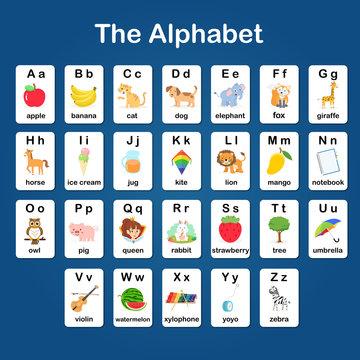 English vocabulary and alphabet flash card vector for kids to help learning and education in kindergarten children. Words of letter abc to z ,each card isolated on blue background.