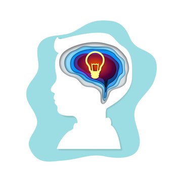 Smart kids or children with bulb inside the brain as a symbol of creative thinking idea. Concept for creativity innovation and inventor. Paper cut vector illustration style.