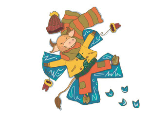 Cute winter happy Bull. Merry Christmas and Happy New Year Illustration 