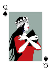 Obraz premium Queen of Spades wearing a crown surrounded by leaves, hugging a spade. Poker card