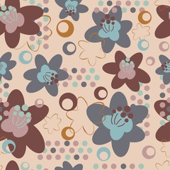 Fototapeta premium Beautiful floral seamless pattern with geometric elements. Abstract textural background of flowering plants. Continuous print, repeat flowers.
