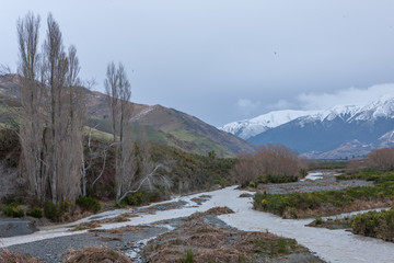 Fototapeta na wymiar Waimakariri River. Arthur's Pass. Valley. New Zealand. South Island. Rainy day.