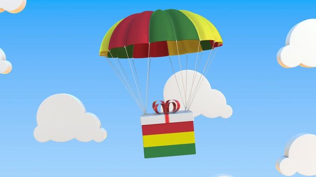 Box with national flag of Bolivia falls with a parachute. Loopable conceptual 3D animation