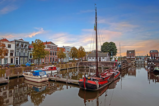 The harbor in the city center of the medieval town Gorinchem in the Netherlands