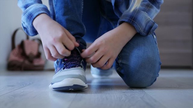 Child Tying Shoes Laces, Kid Preparing Leave House, Girl going School, Shoelaces