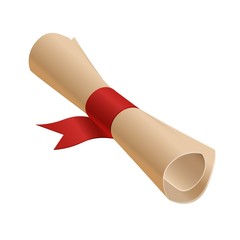 A twisted diploma tied with a red ribbon. Certificate or invitation on a white background.