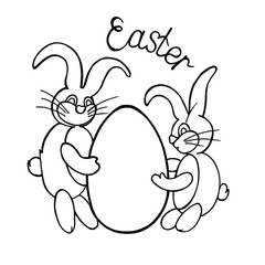 Easter. Symbols of Easter: two hares, a rabbit and an Easter egg. Image for decoration, decor, greeting card, children's creativity.