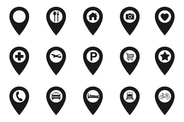 Set pointers, parking, restaurants, hospitals, supermarkets, telephones, stars, terminals, hotels, stations, bicycles, heart, camera house, airplane. Location icon map pin pointer. Navigation pointer