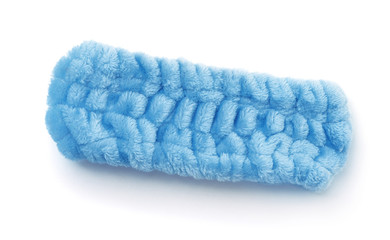 Side view of blue elastic fluffy headband