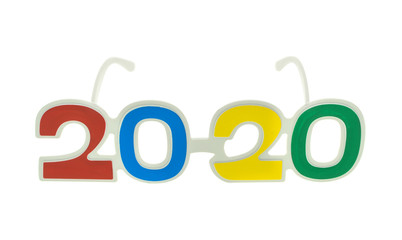 2020 text with eye glasses for New Year Eve celebration on white background