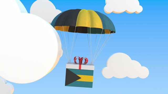 Box with national flag of Bahamas falls with a parachute. Loopable conceptual 3D animation