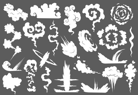Explosion with smoke cloud. Fog flat isolated clipart for advertising posters, effects and design. Cartoon white smoke. Vector illustration. Isolated on grey background