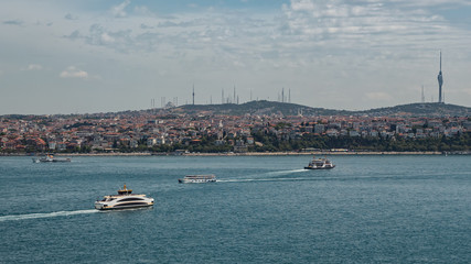 Beautiful panoramic view of Istanbul on a clear day. Ship at sea.