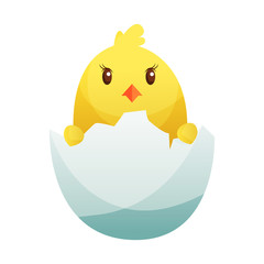 Cute little cartoon chick hatched from an egg isolated on a white background. Funny yellow chicken. Vector illustration of little chicken for children