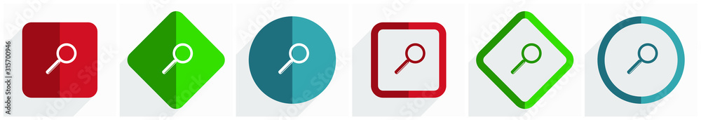 Aufkleber Search icon set, flat design vector illustration in 6 options for webdesign and mobile applications in eps 10