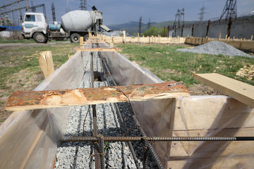 Wooden formwork for the foundation of the house, garage.