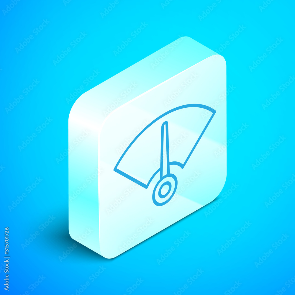 Wall mural isometric line speedometer icon isolated on blue background. silver square button. vector illustrati