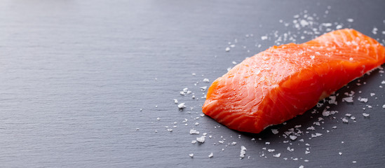 Salmon fillet with sea salt. Grey slate background. Copy space.