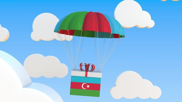 Box with national flag of Azerbaijan falls with a parachute. Loopable conceptual 3D animation