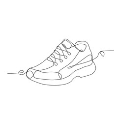 Sneakers with lacing one line drawing on white isolated background