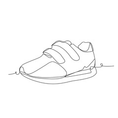 Sneakers with Velcro one line drawing on white isolated background