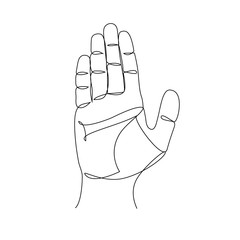 Hand showing stop gesture one line drawing on white isolated background