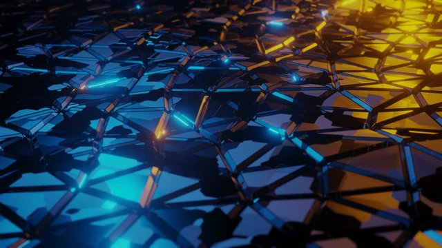 Geometric abstraction. Triangles. Futuristic information technology.  Orange and blue color light. 3d rendering. Loop animation.