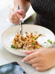 pancakes with vegetables close-up, vegetarian food, restaurant dish