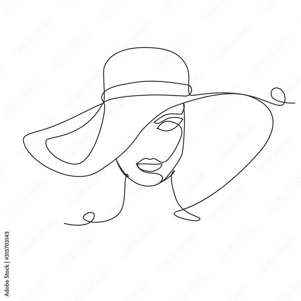 Wall mural young fashion woman in hat one line drawing on white isolated background. - Wall murals