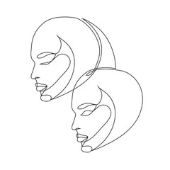 Faces of young women. Gemini zodiac sign one line drawing on white isolated background