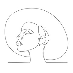 Young fashion woman in hat one line drawing on white isolated background.
