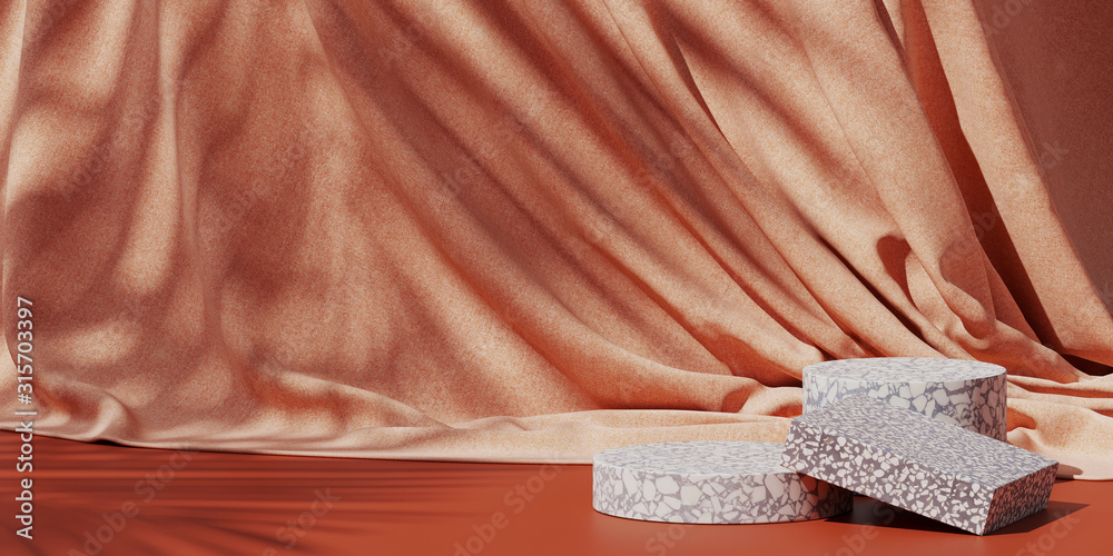 Poster minimal background for branding and product presentation. grey terrazzo on coral fabric background w