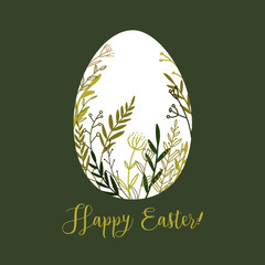 Happy Easter. Vector. Egg and hand drawn nature leaves pattern. Rustic.