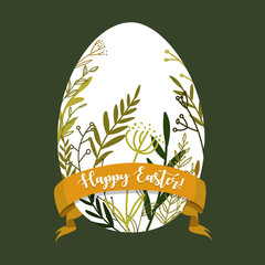 Happy Easter egg shape with nature plants ornaments pattern isolated on green background. Vector illustration.