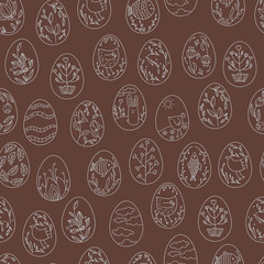 Easter eggs seamless pattern. Vector. Doodle repeat ornament on brown background. Wrapping pattern.