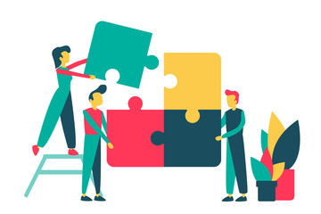 Vector concept of creative teamwork with puzzle and characters