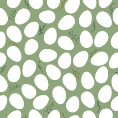 White Eggs seamless pattern. Green background. Vector Easter wrapping paper template.