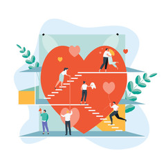 People group working with a big heart. Concept of love and dating. Valentine s day vector illustration