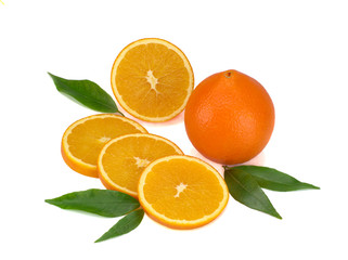 Orange fruits with leaves isolated on white background